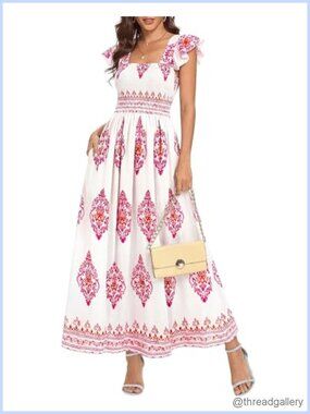 Sleeveless Square Neck A-Line Floral Maxi Dress with Pockets
